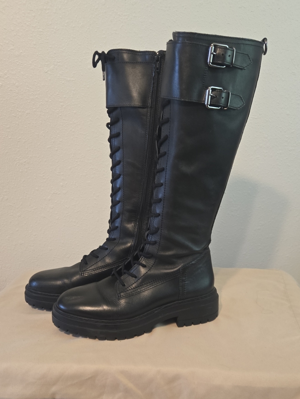 Black Lace-Up Knee-High Buckle Boots for Women